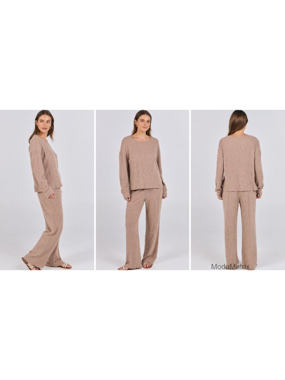 Women's 2-Piece Lounge Pajamas Set, Fleece-Lined Ribbed Knit, Long Sleeve, Wide - Picture 6 of 6